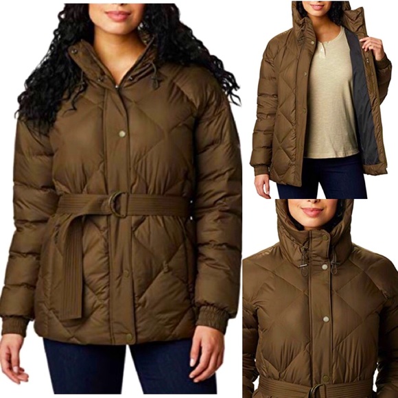 NWT COLUMBIA hooded jacket, brown short puffer parka with REMOVABLE BELT - Picture 7 of 7